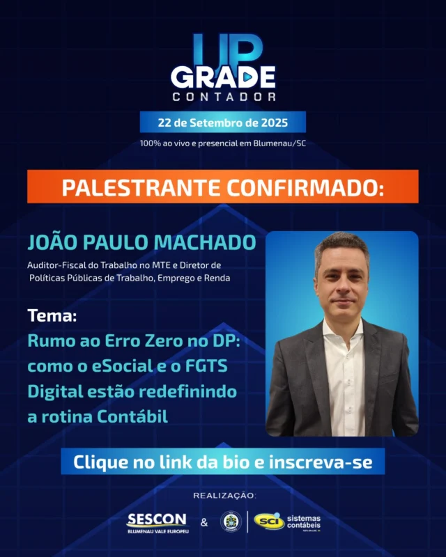 Você quer saber o que realmente vai mudar no DP com o eSocial e o FGTS Digital?No Upgrade Contador, João Paulo Machado e Jení Schülter (referências nacionais em DP) vão revelar os bastidores das novas políticas públicas e mostrar, na prática, como proteger seu escritório e eliminar erros de uma vez por todas.É a combinação perfeita: visão do governo + experiência real do DP.Chega de improviso — é hora de estar à frente das mudanças que vão impactar todo o mercado.📅 Dia 22 de setembro, ao vivo em Blumenau/SC.Garanta seu ingresso com 50% OFF no primeiro lote!👉 Inscreva-se em upgradecontador.com.br ou clique no link da bio#UpgradeContador #DP #eSocial #FGTSDigital #Contabilida #SCIsistemas #SesconBlumenau