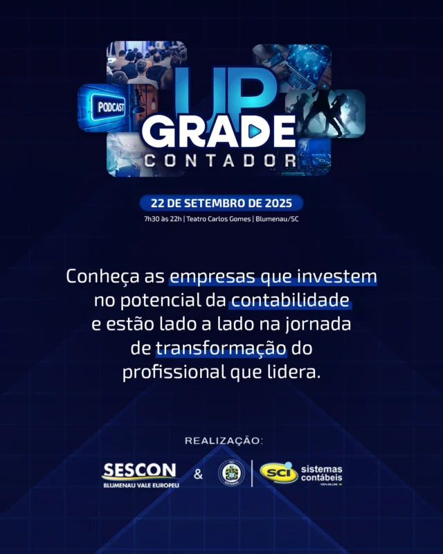 No Upgrade Contador, cada detalhe é pensado para impulsionar sua jornada como protagonista da nova contabilidade.Isso só é possível graças a empresas, marcas e parceiros que acreditam no potencial do contador brasileiro e caminham ao nosso lado nessa transformação.Conheça quem faz parte desse movimento: realizadores, patrocinadores, mídia partner e apoiadores logísticos e institucionais.Durante o evento, aproveite para visitar os stands, trocar ideias, conhecer soluções inovadoras e criar conexões que vão elevar o nível do seu escritório.A todos os envolvidos, nosso muito obrigado por apostarem no futuro da contabilidade no Brasil!#UpgradeContador #SCIsistemas #SesconBlumenau #Networking #InovaçãoContábil