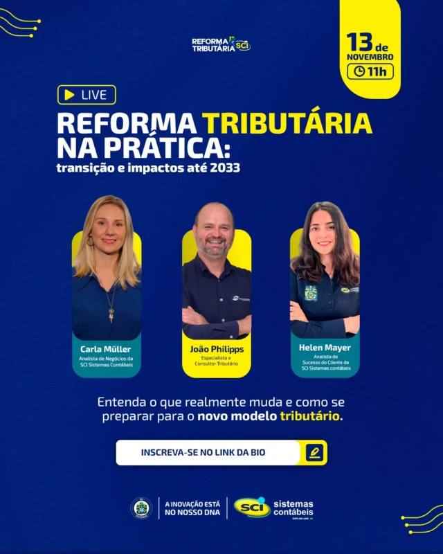 A Reforma Tributária está prestes a mudar a forma como empresas e escritórios contábeis lidam com impostos. Você sabe como essa transição vai funcionar até 2033? 💰No dia 13 de novembro, às 11h, a SCI Sistemas Contábeis vai reunir João Philipps (Especialista e Consultor Tributário), Carla Müller (Analista de Negócios da SCI) e Helen Mayer (Analista de Sucesso do Cliente da SCI), em uma conversa exclusiva para explicar o que muda na prática e como se preparar para esse novo cenário.Durante a live, você vai descobrir o que acontece com os créditos de ICMS, PIS e COFINS, entender a extinção gradual do SPED e acompanhar simulações reais de cálculos com os novos tributos IBS e CBS.📺 Garanta sua inscrição agora no link na bio e acompanhe o evento ao vivo.