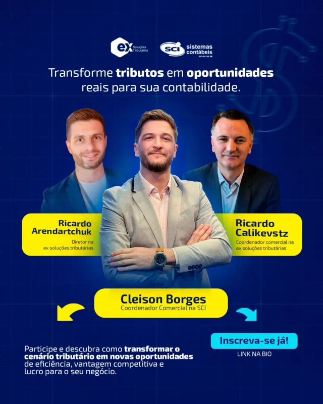 O cenário tributário brasileiro está em plena transformação e o contador que entende esse momento sai na frente.A Reforma Tributária está redesenhando a forma de apurar, interpretar e recuperar tributos, abrindo um novo campo de oportunidades para quem atua com estratégia e tecnologia.Pensando nisso, SCI Sistemas Contábeis e Ex Soluções Tributárias se uniram para apresentar o evento:
✅ “SCI e Ex Soluções: A parceria que transforma tributos em oportunidades.”Um encontro essencial para quem quer entender como a união entre tecnologia contábil e inteligência tributária pode gerar eficiência, vantagem competitiva e lucro real para escritórios contábeis.👉🏻 O que você vai descobrir neste evento:
✔ Como transformar as mudanças do cenário tributário em crescimento para o seu escritório.
✔ Como o Diagnóstico Tributário, solução da parceria SCI + Ex Soluções, identifica oportunidades e créditos recuperáveis.
✔ Como atuar com mais segurança fiscal, automação e estratégia em um cenário em constante mudança.
✔ Exemplos reais de empresas que já aumentaram resultados com o uso da tecnologia e inteligência tributária.Participe e entenda na prática, como unir conhecimento técnico, automação e análise tributária pode colocar você um passo à frente da concorrência.Data: 30 de outubro
Horário: 11h (ao vivo no horário de Brasília)Inscreva-se no link na bio e garanta sua vaga.#ReformaTributária #SCIsistemas #EXsoluçõestributárias #Contabilidade #IBS #CBS #ImpostoSeletivo