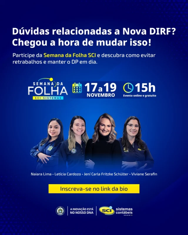As mudanças da Nova Dirf não precisam ser assustadoras! A gente te ajuda a ficar por dentro de tudo!Fechar a folha sem erros é um desafio real para quem vive o Departamento Pessoal todos os dias. Mas com o conhecimento certo, tudo fica mais simples!A Semana da Folha SCI acontece de 17 a 19 de novembro às 15h, e vai trazer 3 dias de lives gratuitas com especialistas que entendem o DP de perto: Jení Carla, Viviane, Letícia e Naiara.Você vai aprender sobre Consignado, Plano de Saúde e Nova DIRF, com dicas práticas para aplicar no seu dia a dia.🚀 Atualize-se, evite erros e prepare seu DP para 2025!👉 Inscreva-se gratuitamente pelo link na bio do @scisistemas.
